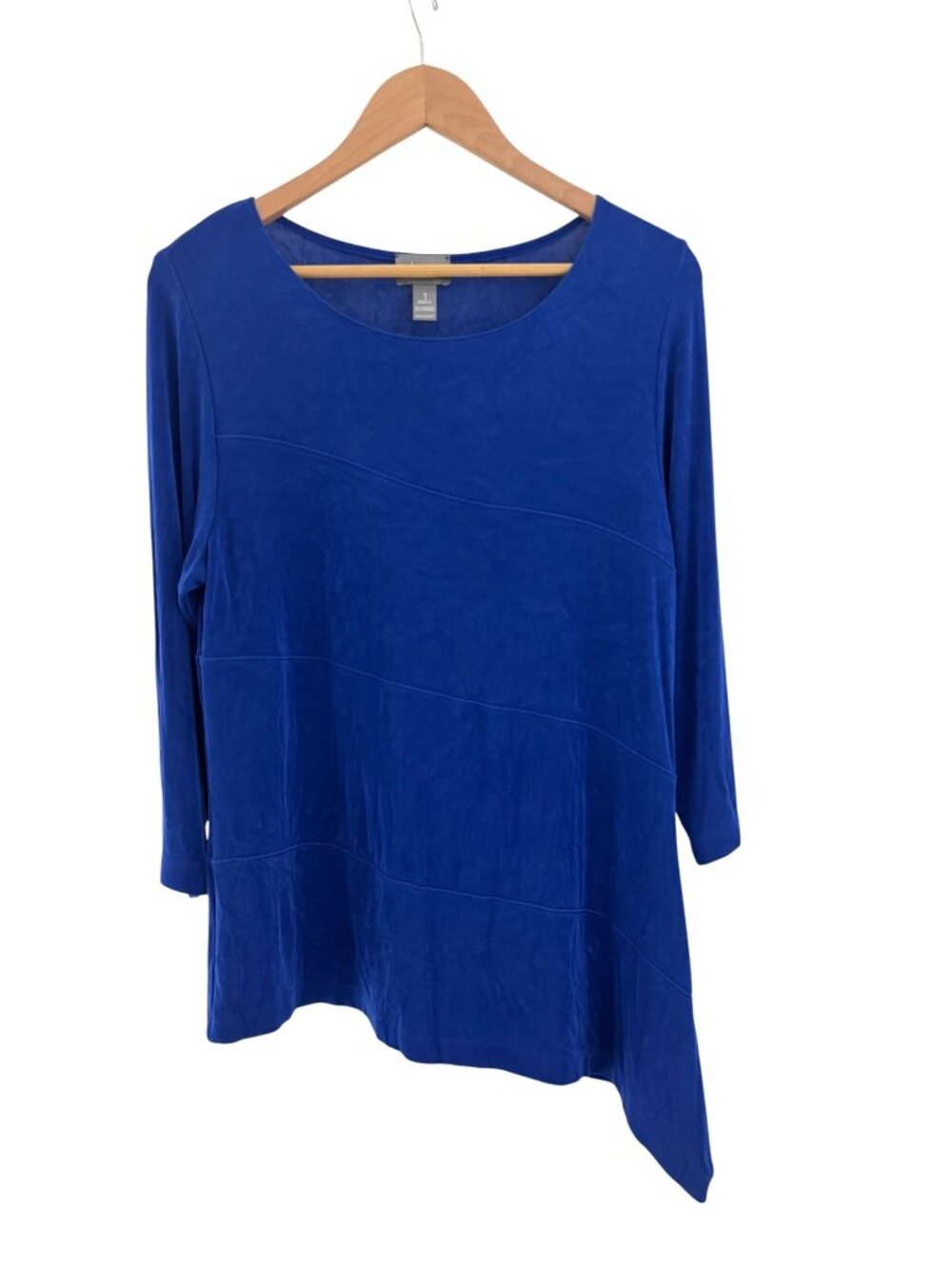 Chico's Travelers Blue 3/4 Sleeve Asymmetric Top Size 1 = Medium Stretch Shirt